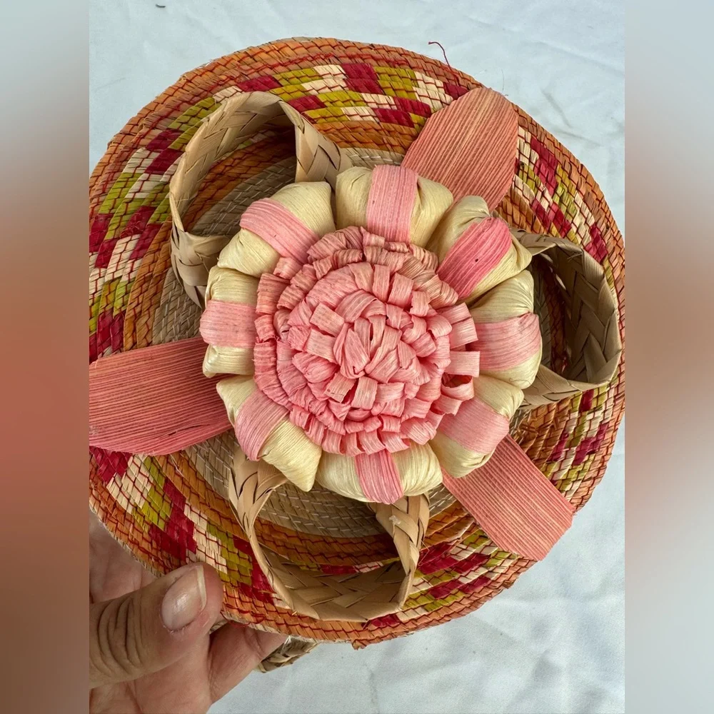 Handcrafted Pink and Tan Woven Basket / tortilla basket